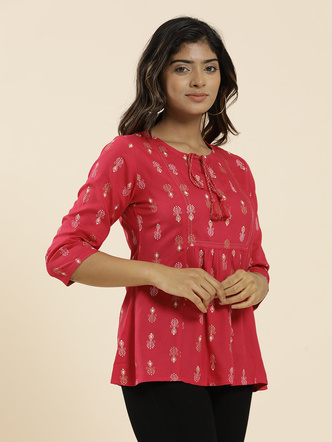 Fuchsia Ethnic Motif Printed Peplum Top