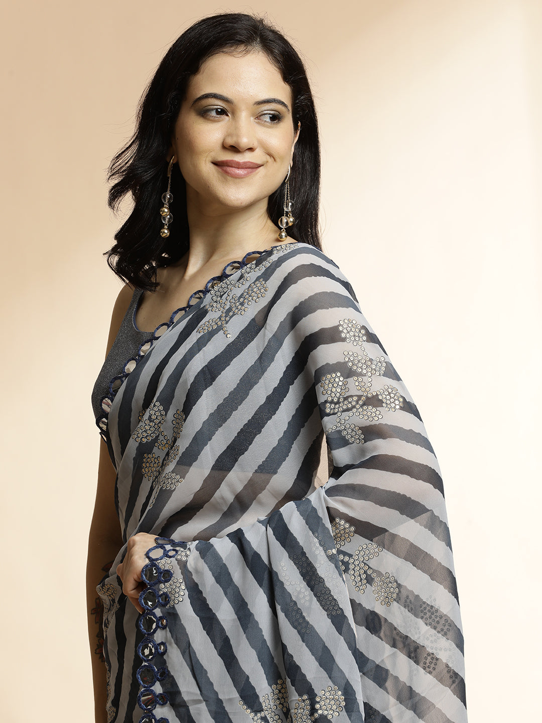 Grey Pure Georgette Leheriya Mirror Work Saree