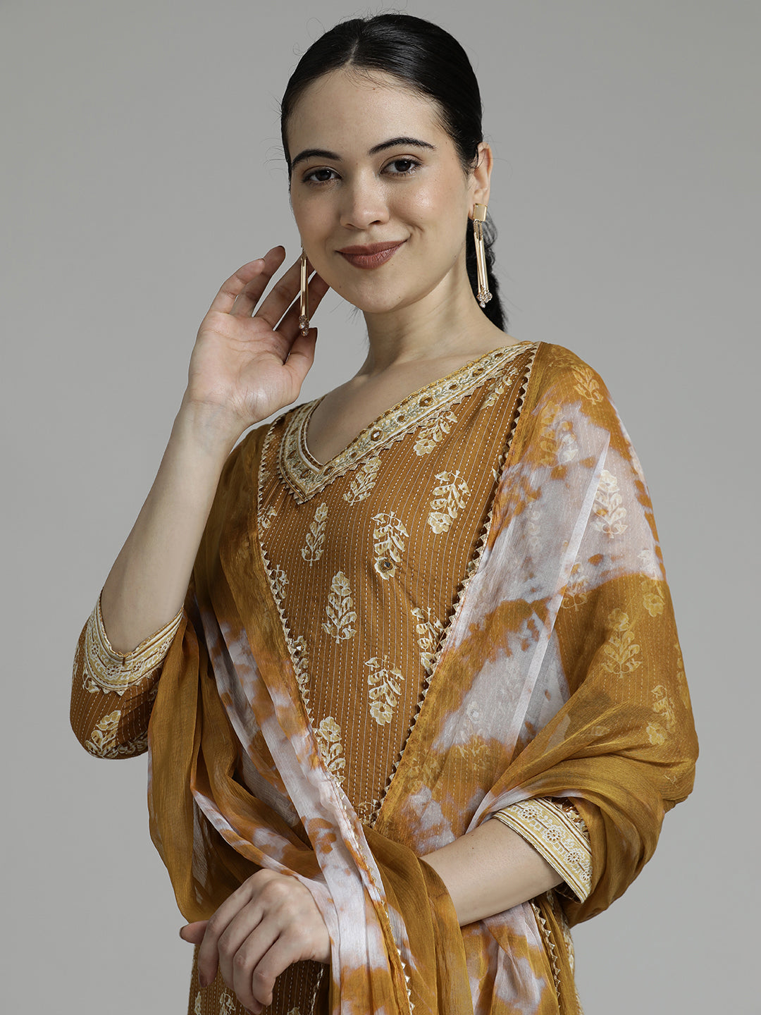 Brown Ethnic Motif Printed Pure Cotton Suit Set