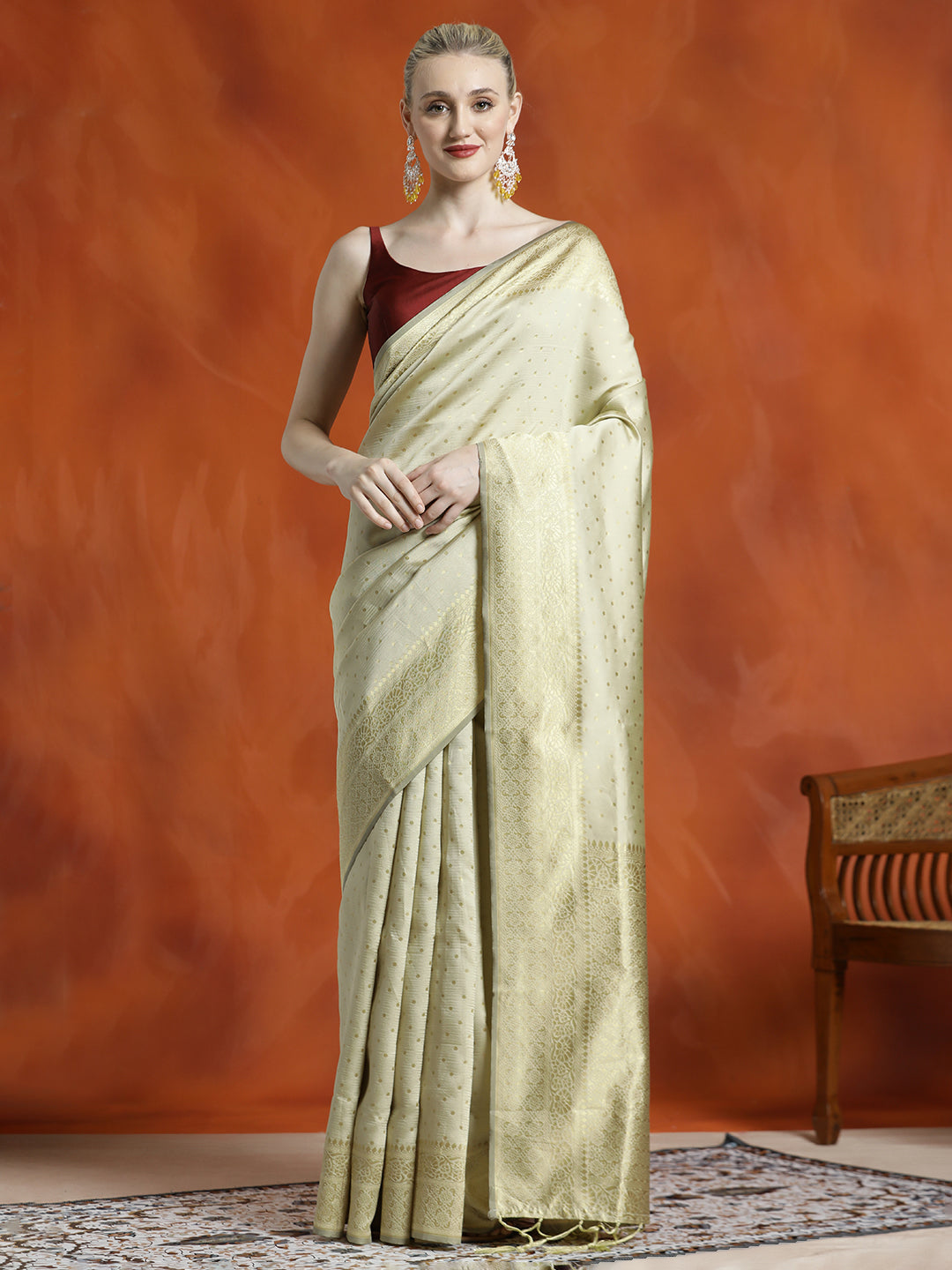 Beige Silk Banarasi Zari Woven Party Wear Saree