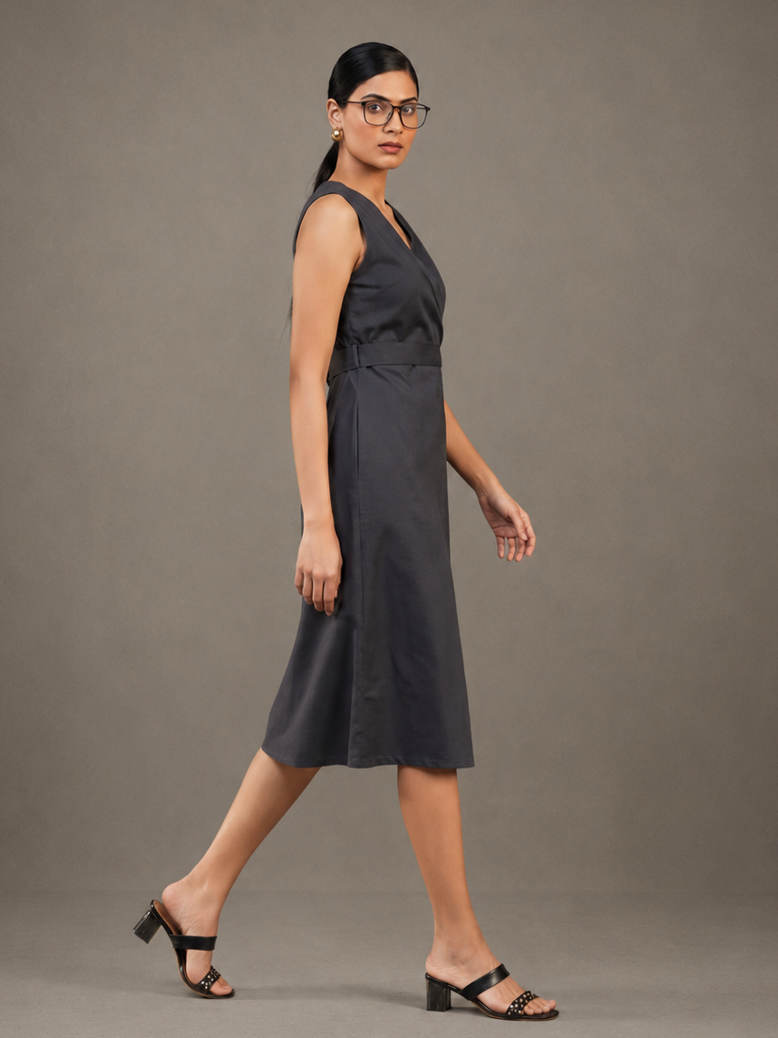 Grey Straight Fit Dress With Belt Detail