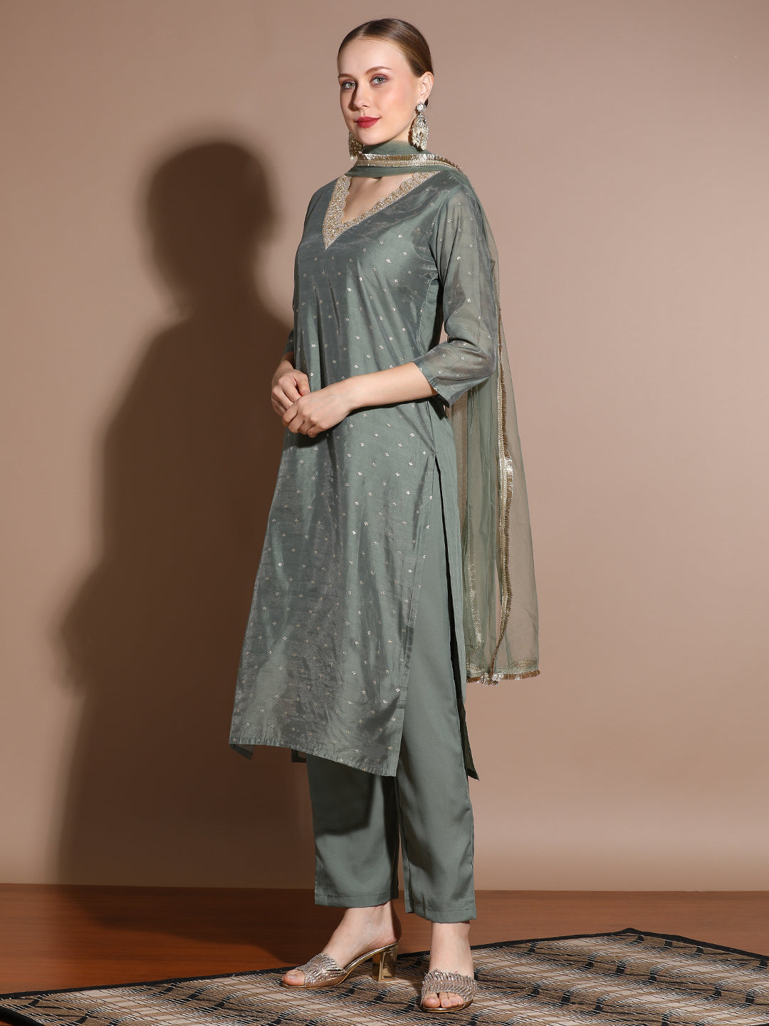 Olive Chanderi Woven Festive Kurta Set With Dupatta