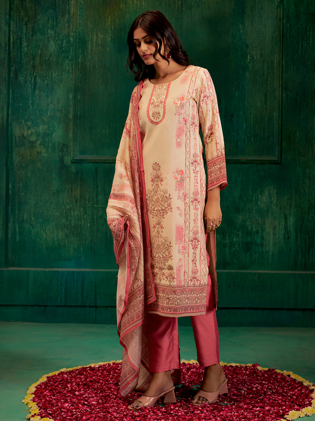 Pink Hand Embroidered Printed Kurta Set With Dupatta