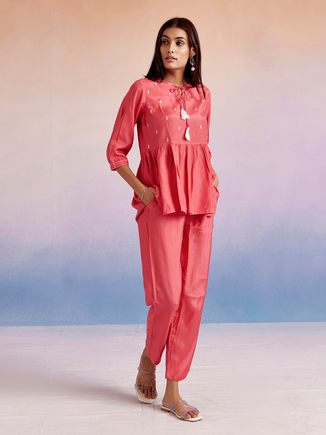 Coral Resham Embroidered Co-ord Set