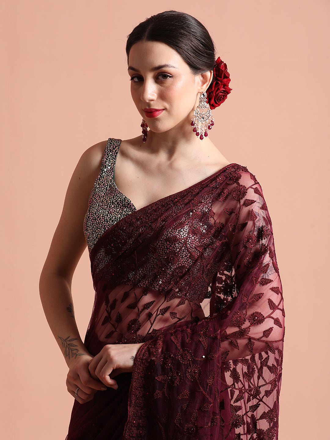 Party Wear Floral Embroidered Net Saree