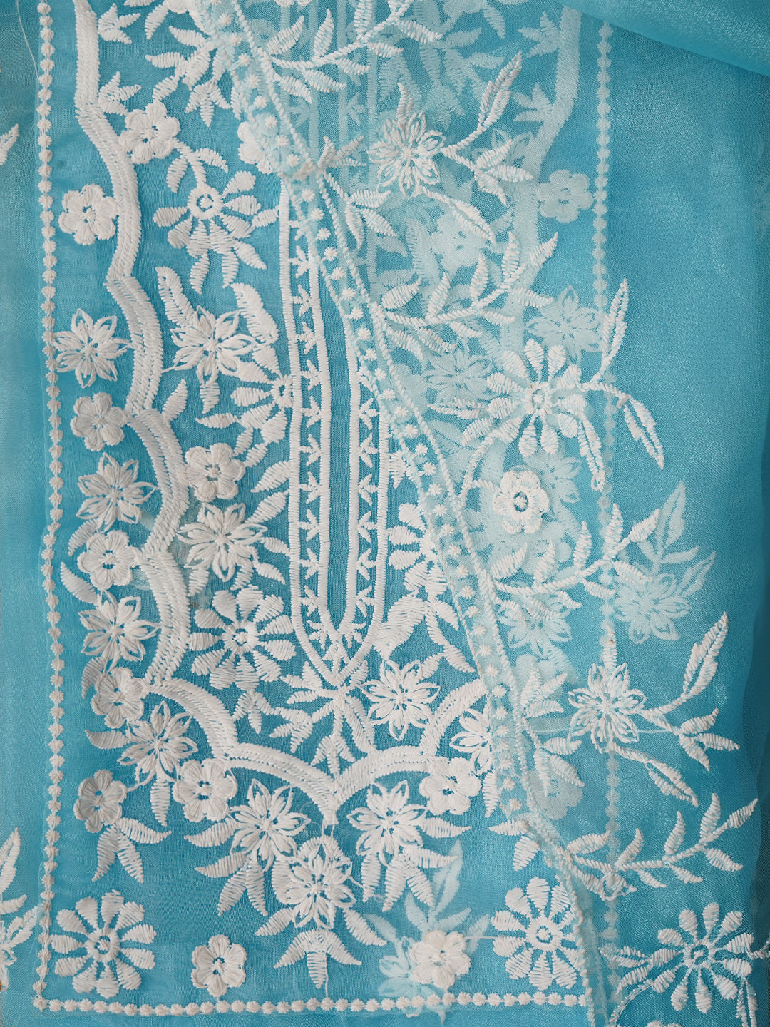 Sky Blue Thread Embroidered Organza Festive Dress Material with Dupatta