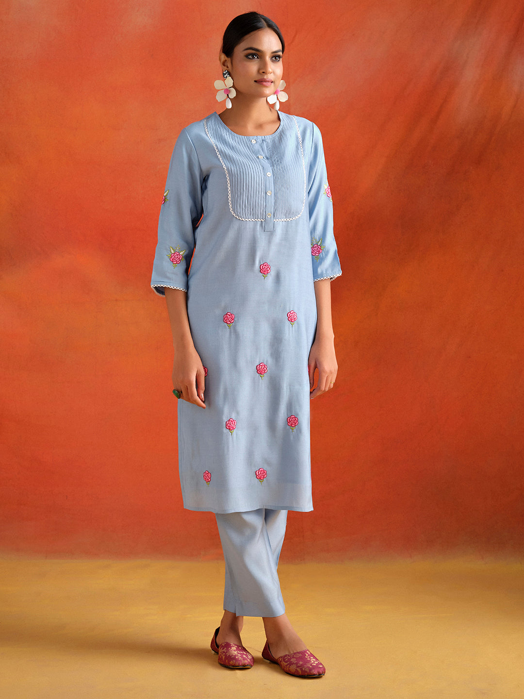 Blue Embroidered Viscose Chanderi Festive Kurta Set