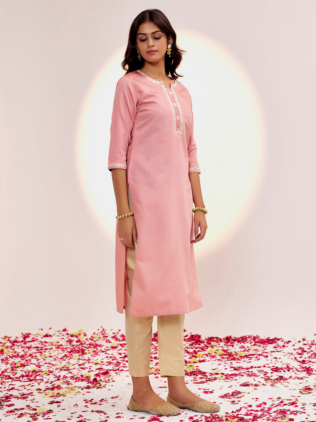 Peach Self Woven Dori Embroidered Kurta Set