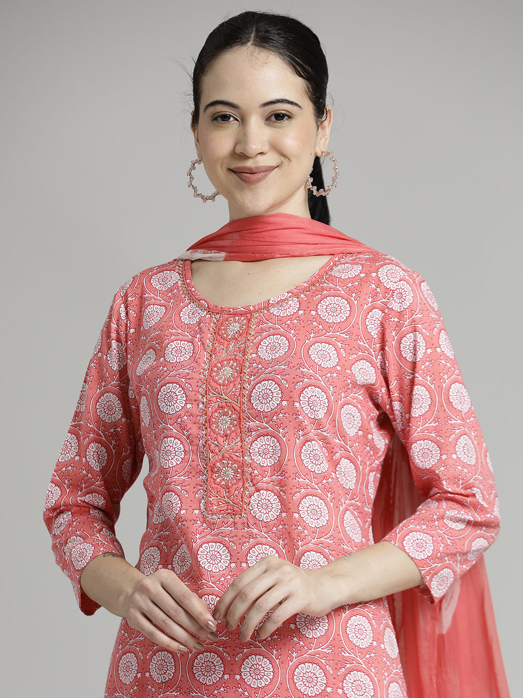 Ethnic Floral Printed Cotton Kurta Set With Dupatta