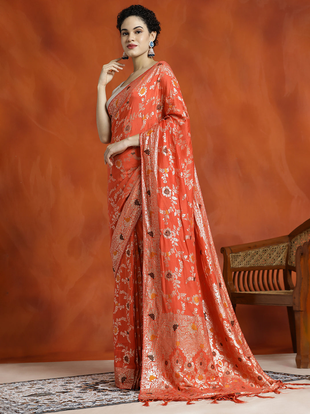 Orange Heavy Banarasi Zari Woven Silk Blend Saree