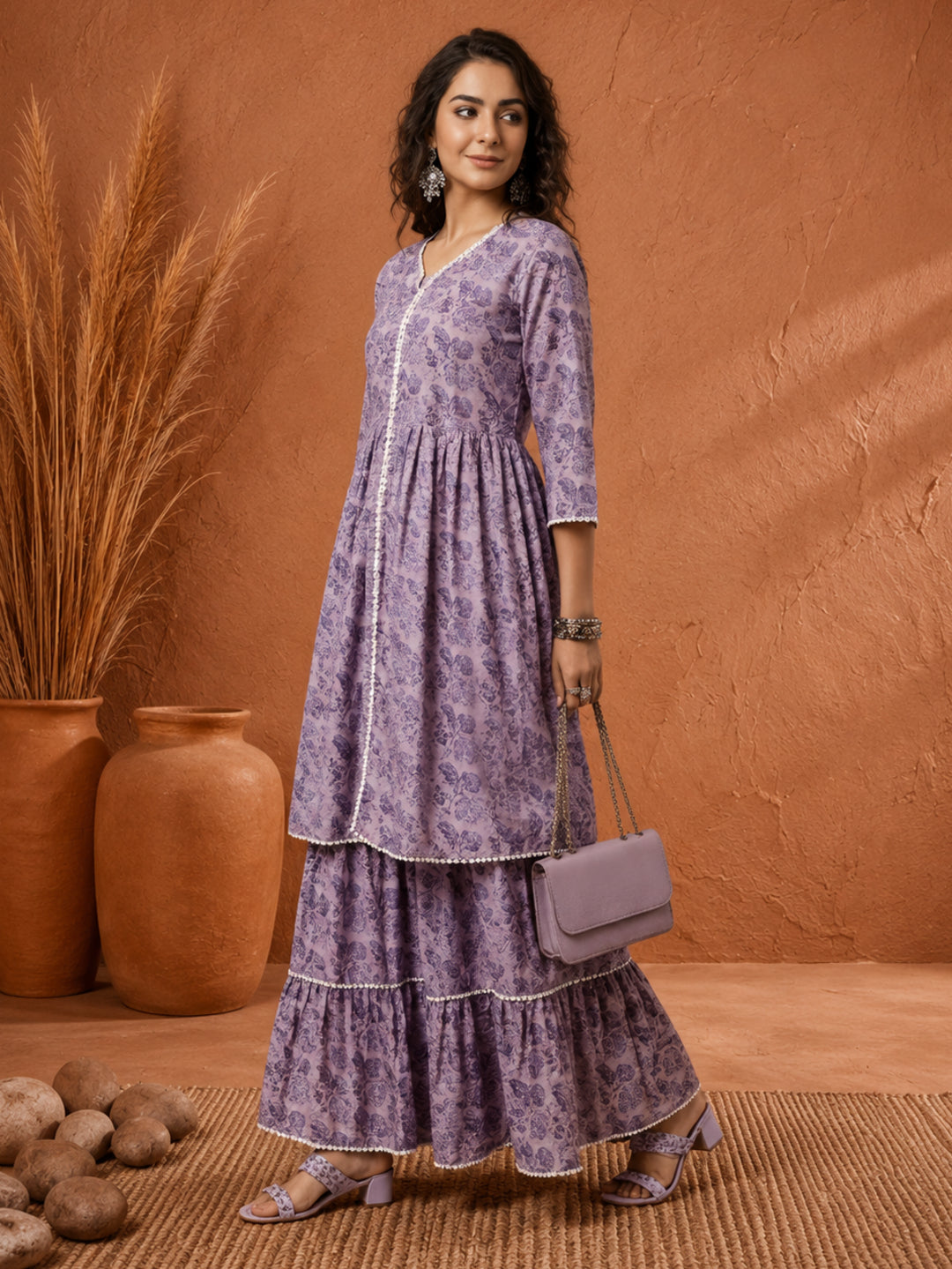 Lavender Floral Print Flared Kurta With Sharara