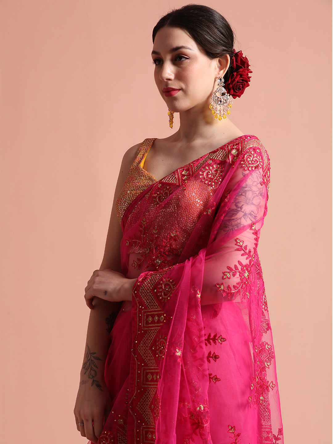 Pink Floral Embroidered Net Party Wear Saree