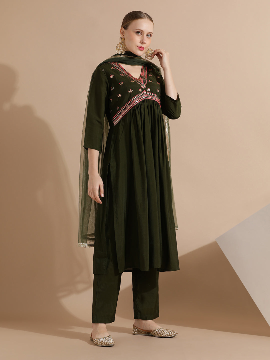 Green Festive Embroidered A-Line Kurta Set With Dupatta