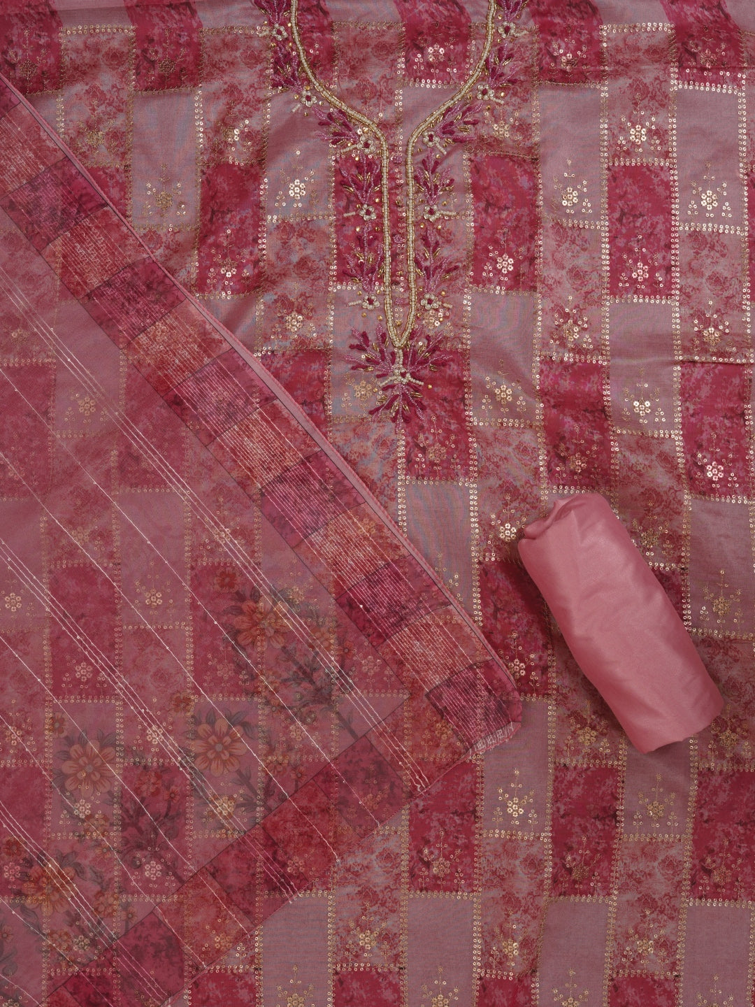 Pink Sequin Embellished Organza Dress Material With Dupatta