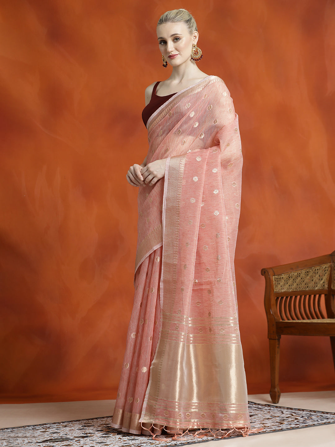 Peach Zari Woven Banarasi Organza Saree