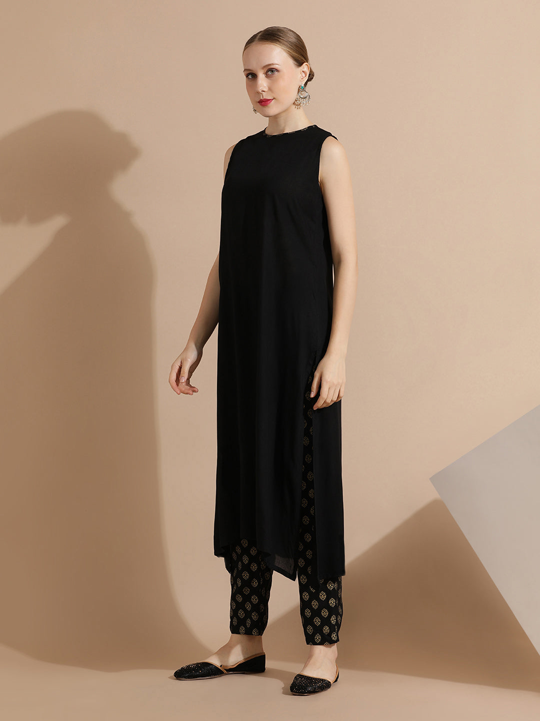 Black Rayon Kurta With Printed Pants