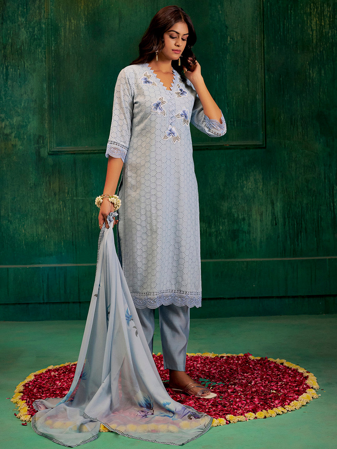 Blue Embroidered Cotton Schiffli Kurta Set With Dupatta