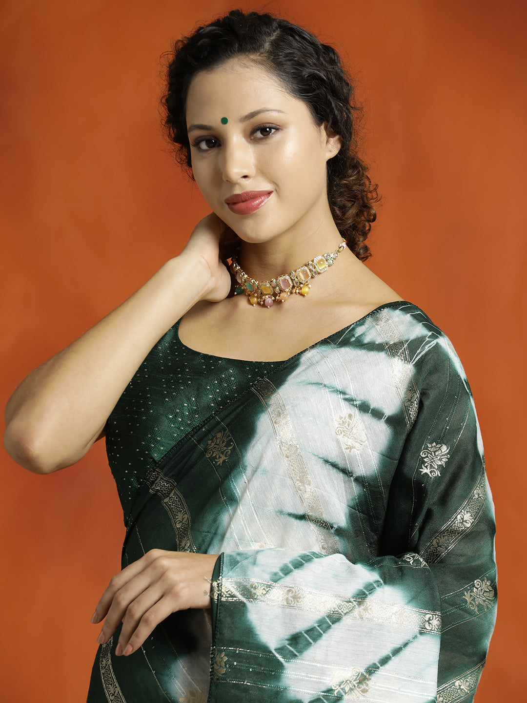 Green Banarasi Cotton Blend Tie-Dye Saree