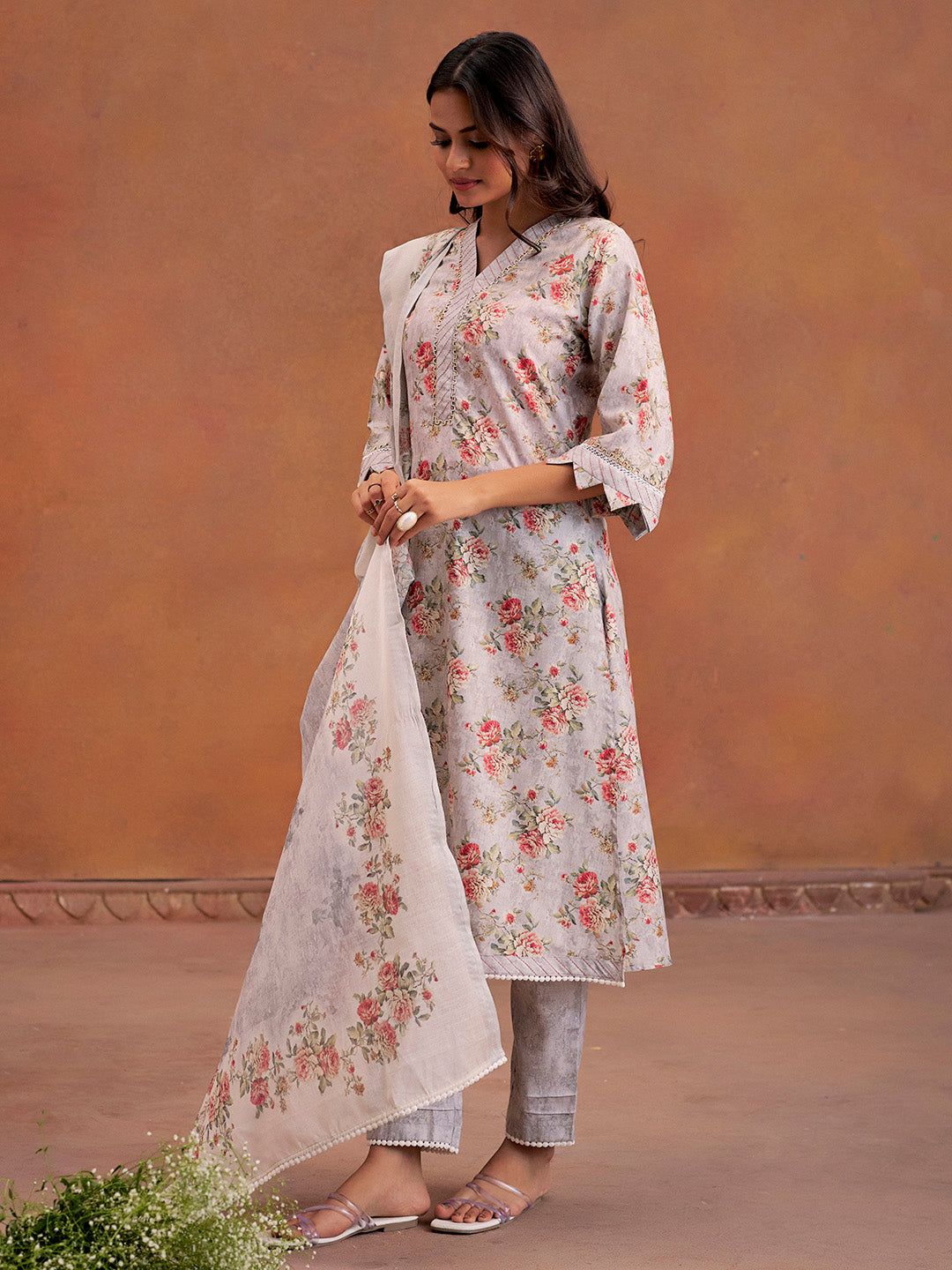 Grey Embellished Floral Printed Festive Kurta Set With Dupatta