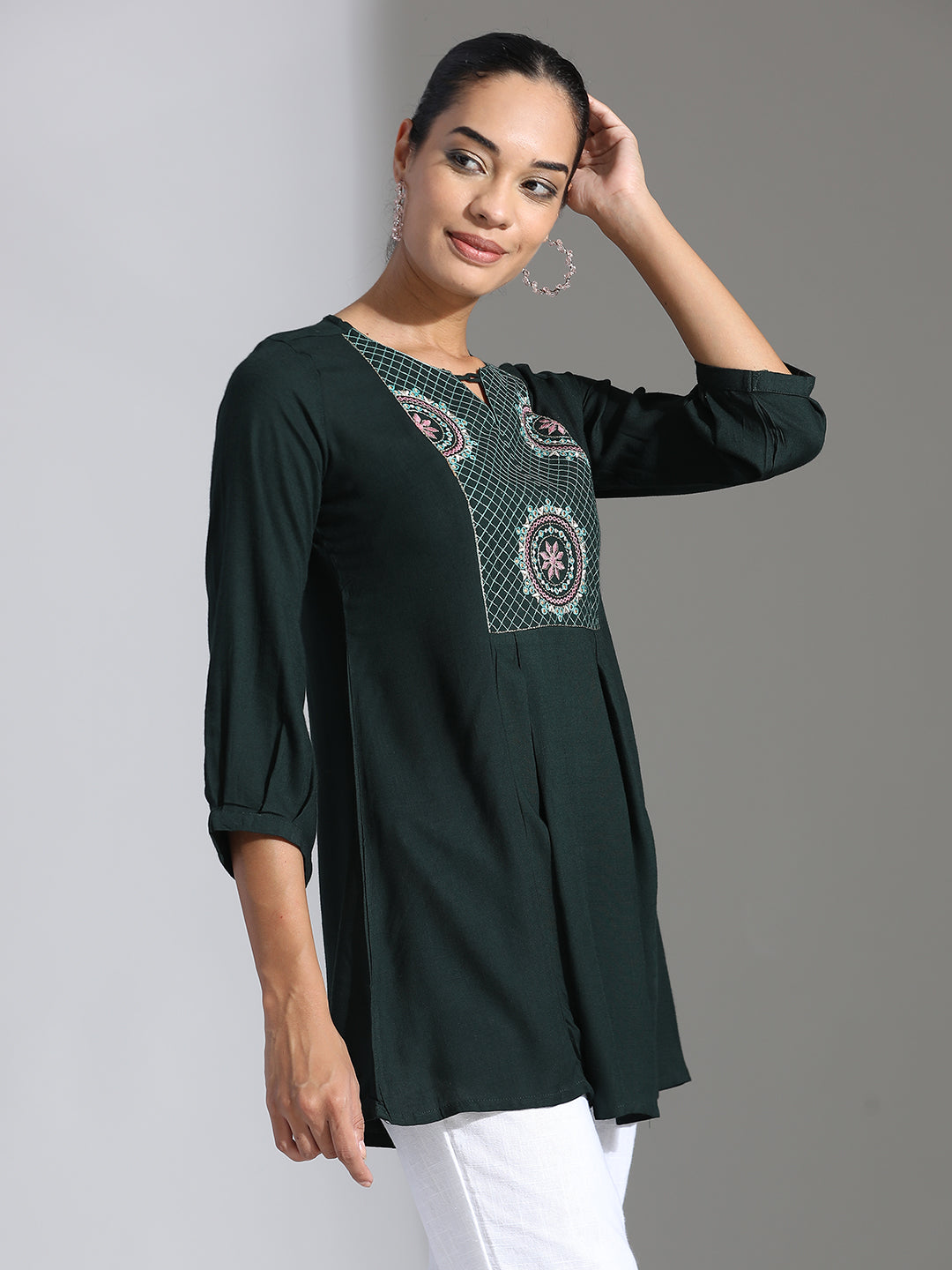 Green Embroidered Party Wear A-line Top