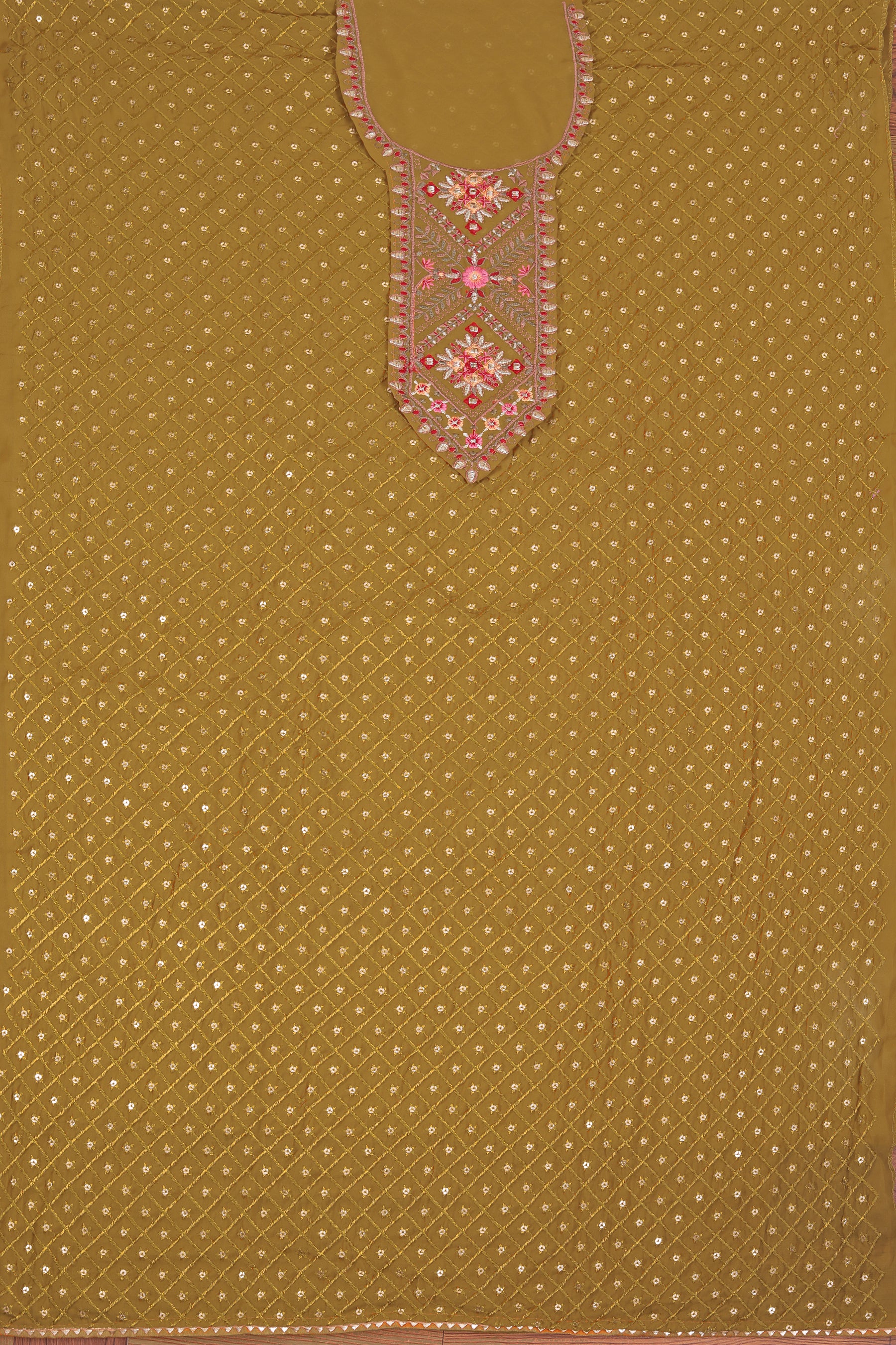 Mustard Sequin Embroidered Poly Georgette Dress Material with Dupatta