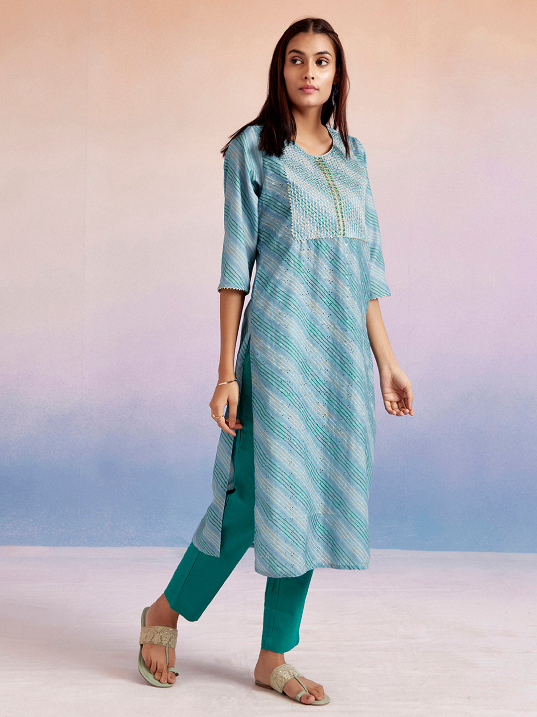 Leheriya Printed Schiffli Blue Straight Kurta