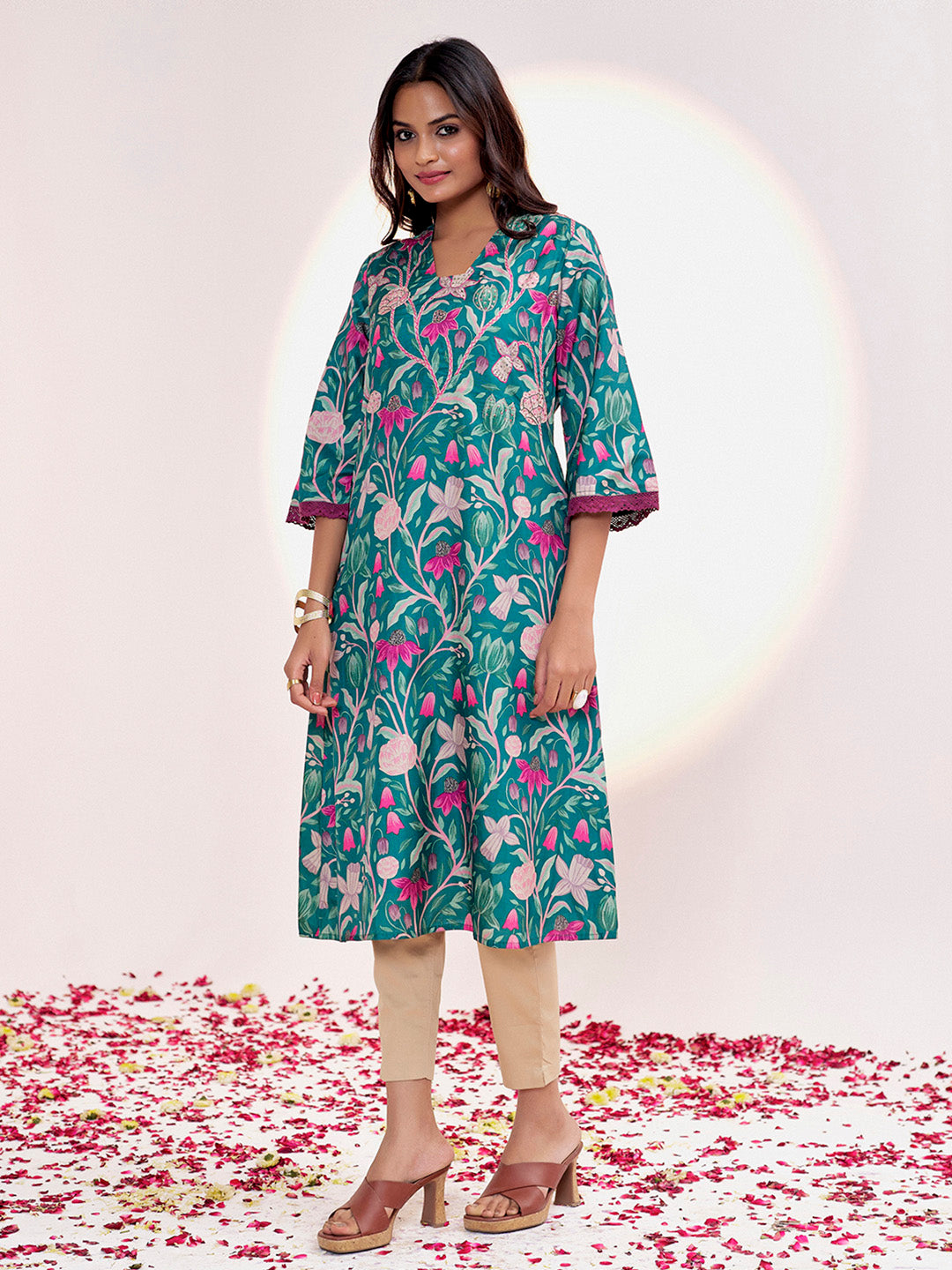 Green Botanical Printed A-line Kurta