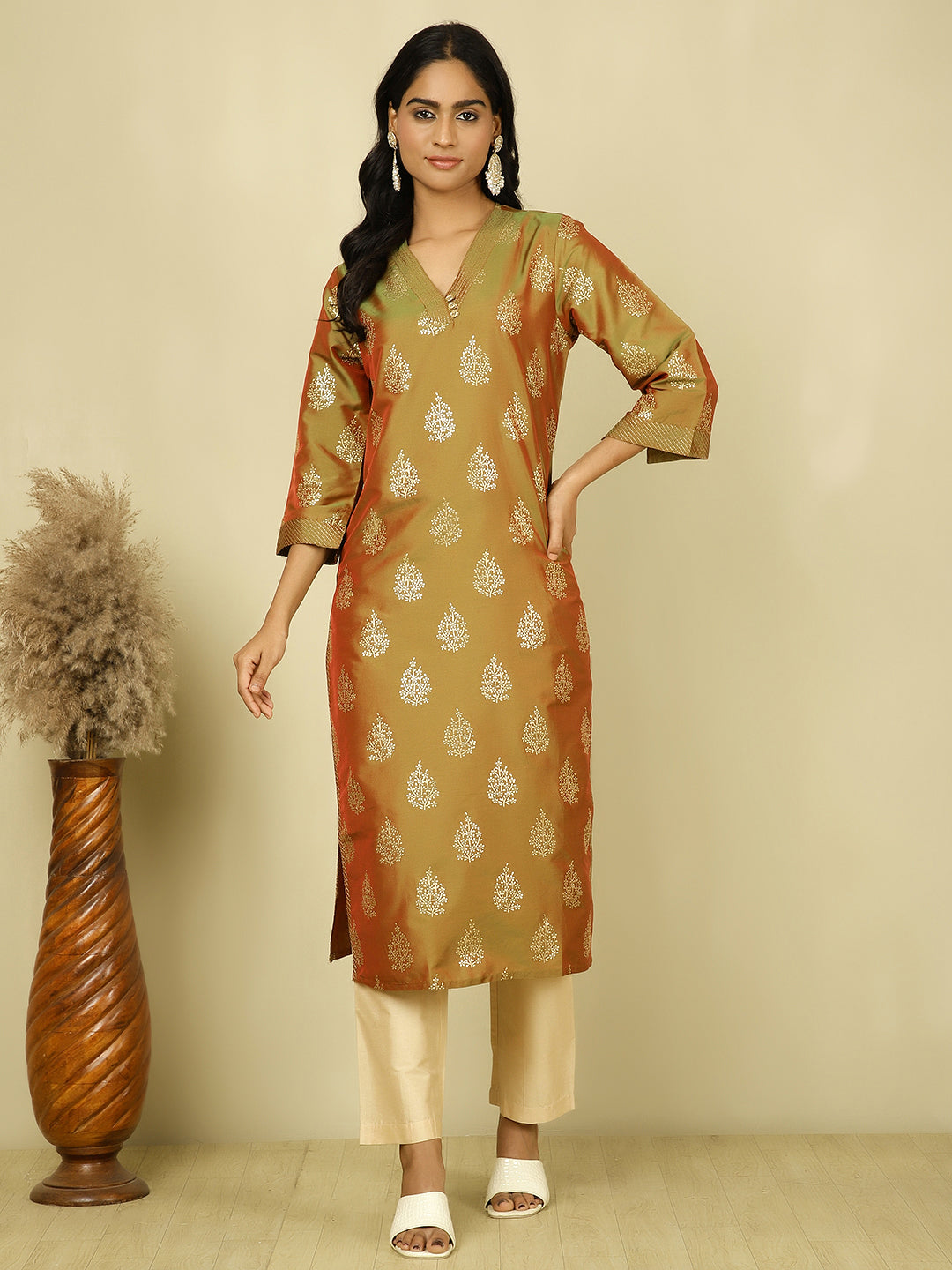 Olive Green Ethnic Printed Straight Kurta