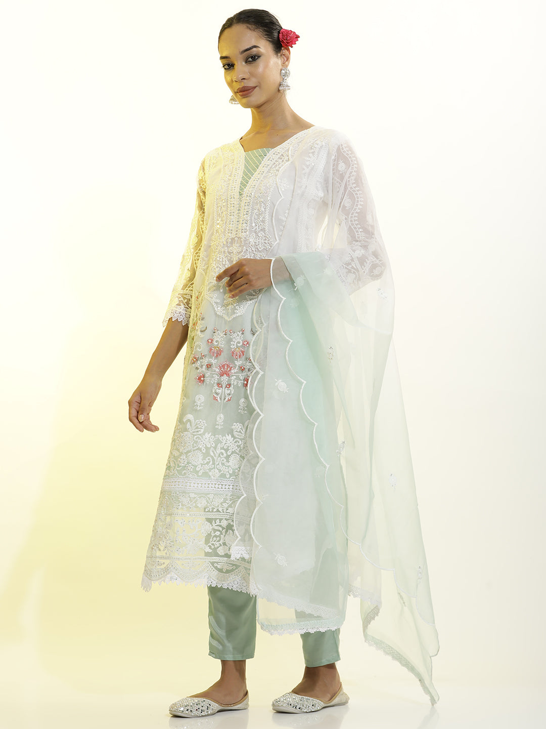 Heavy Embroidered Organza Festive Kurta Set With Dupatta