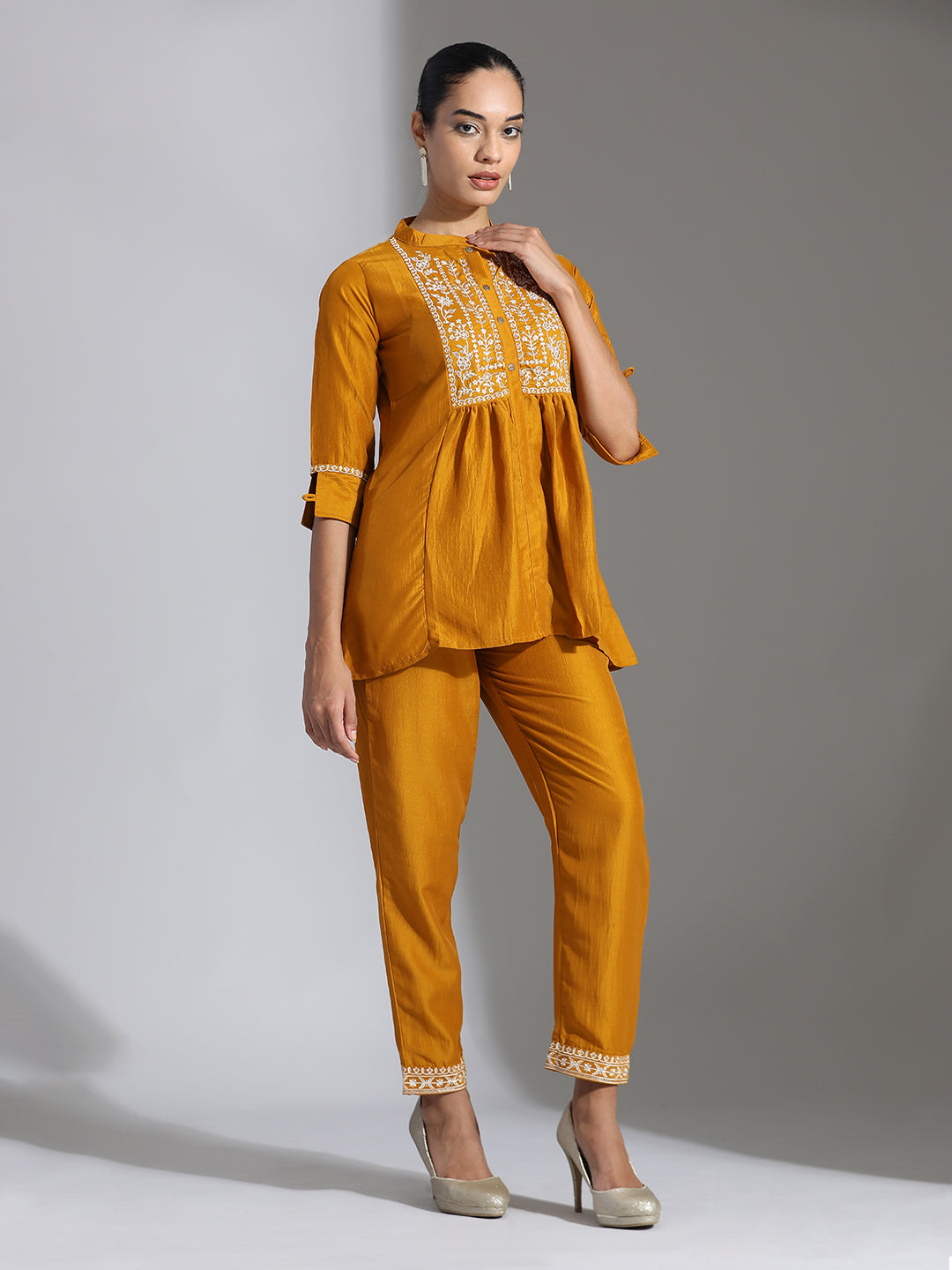 Mustard Chinon Floral Embroidered Top With Trousers Co-ord Set