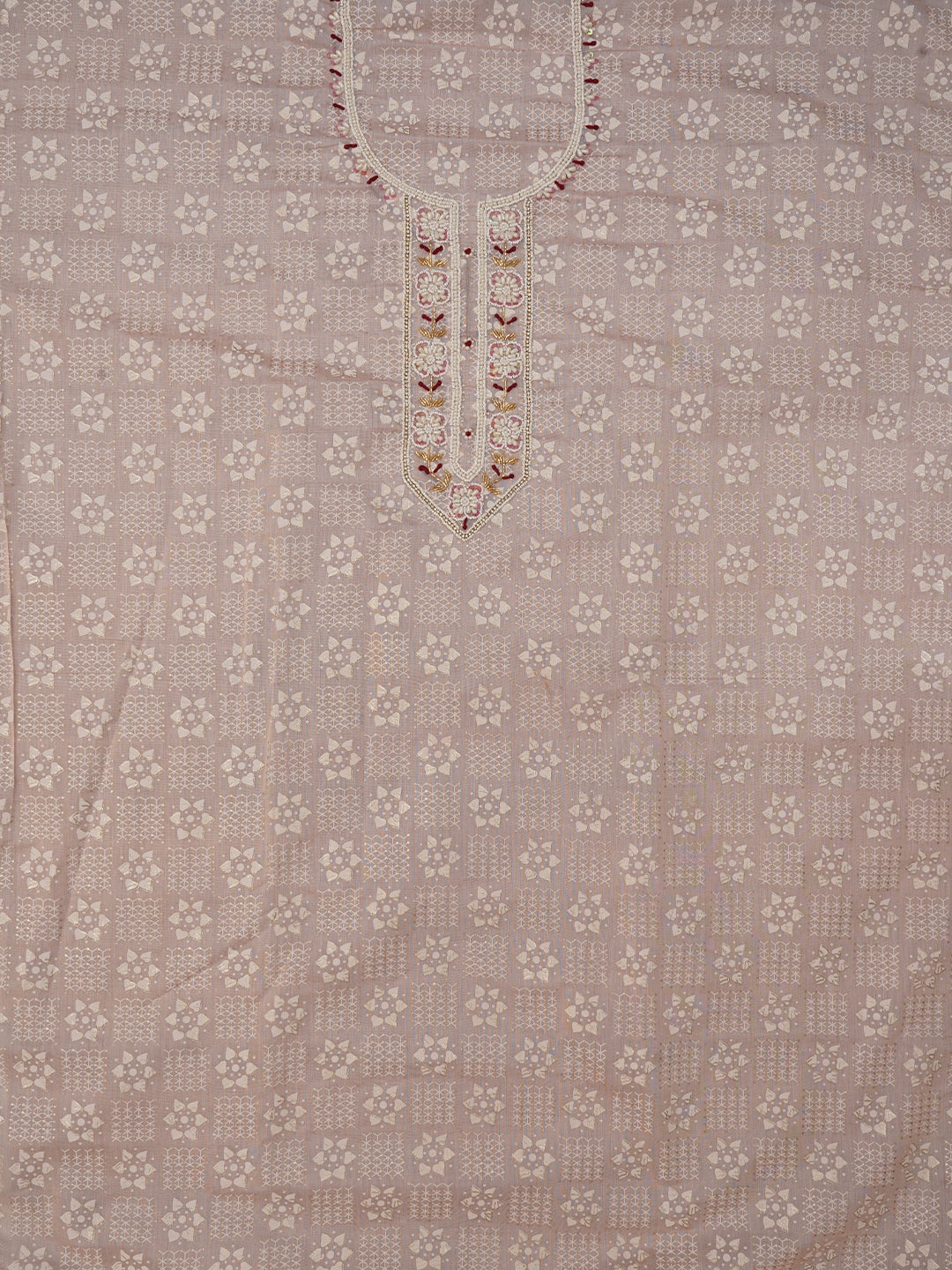 Peach Printed Embellished Cotton Dress Material with Dupatta