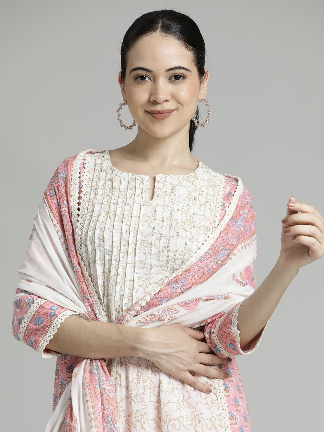 Pink Ethnic Printed Cotton Kurta Set with Dupatta