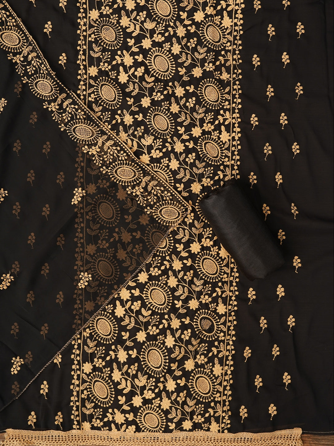 Black Embroidered Silk Georgette Dress Material with Dupatta