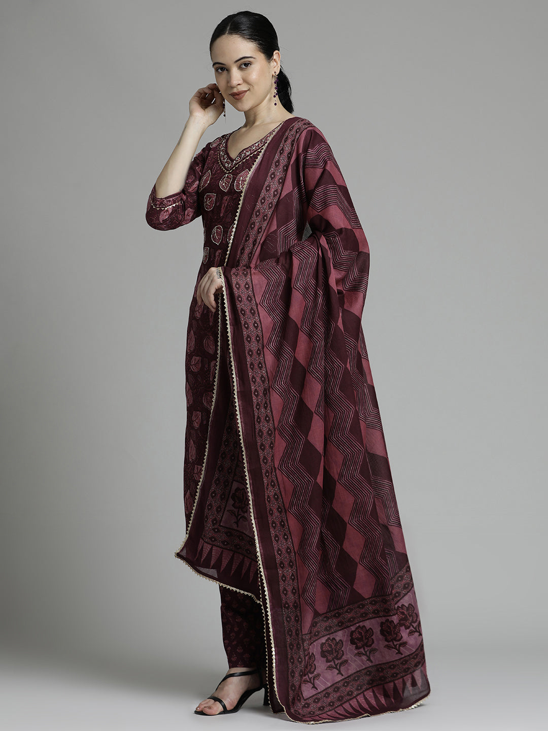 Ethnic Printed Cotton Red Kurta Set With Dupatta