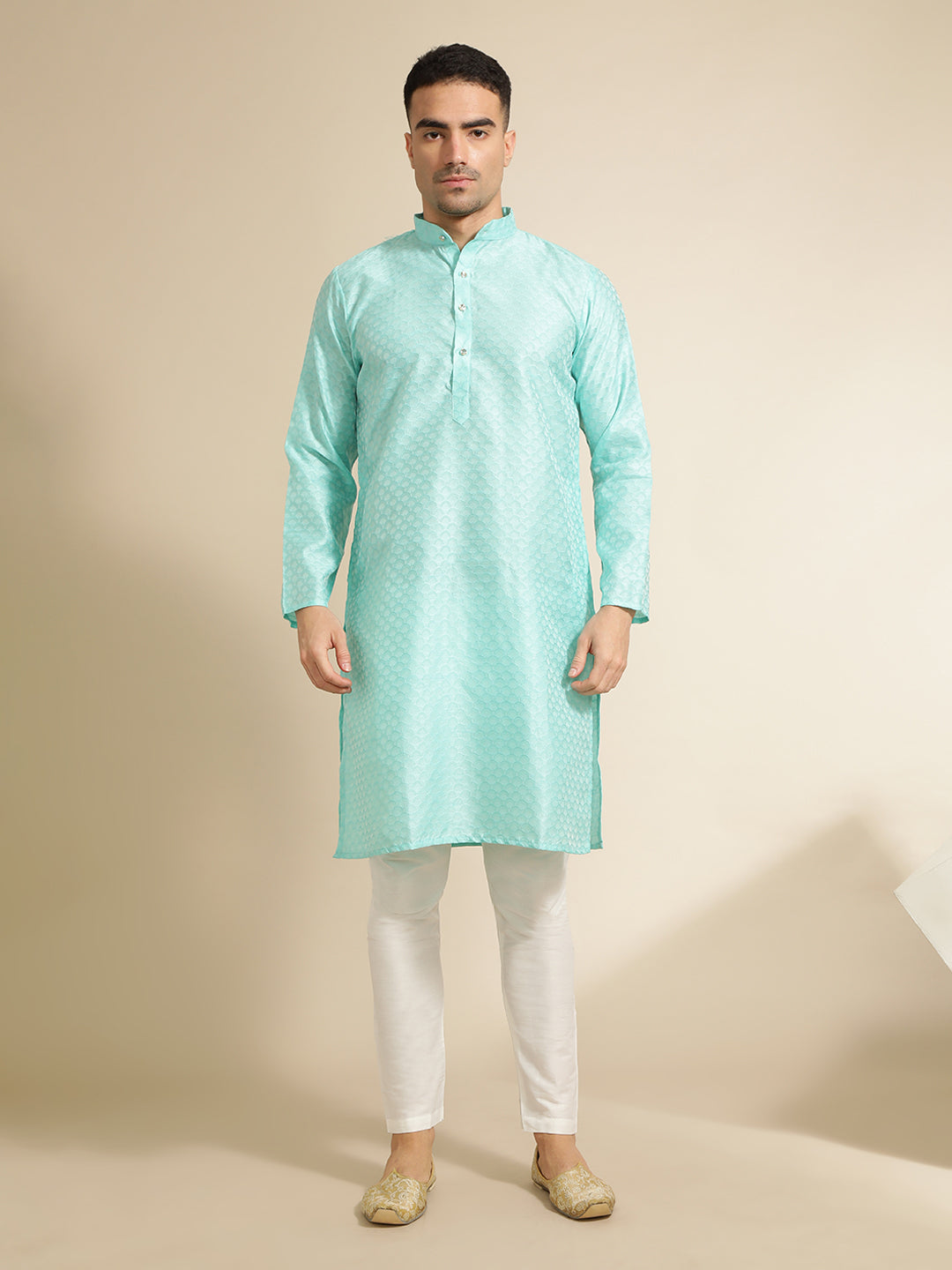 Sea Green Silk Blend Kurta With Woven Design Nehru Jacket Set