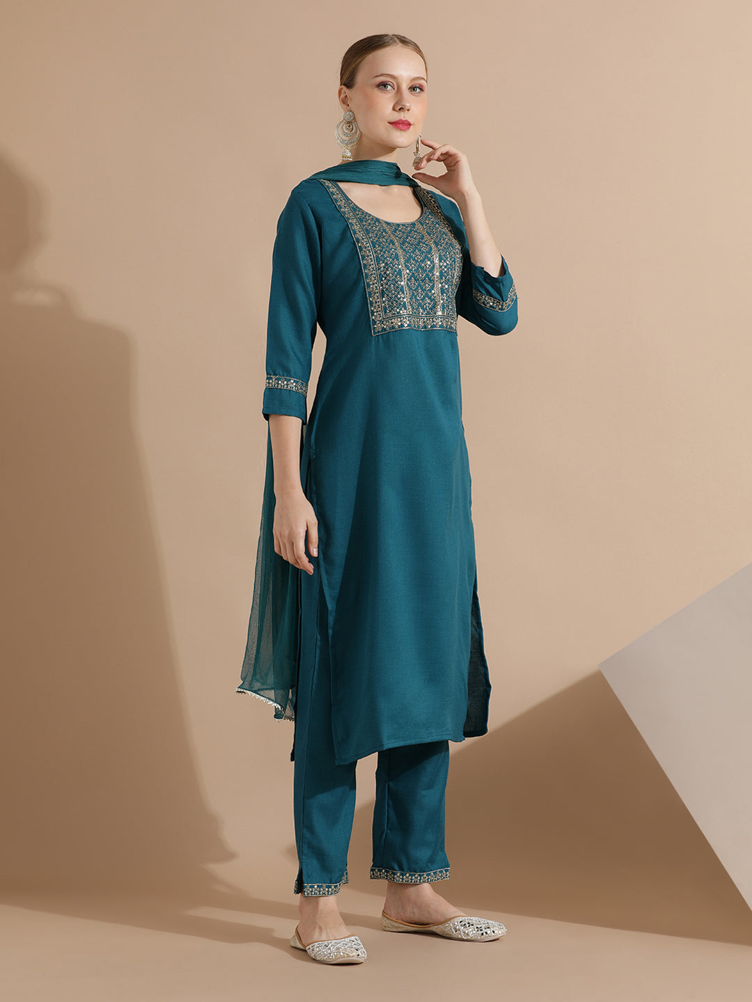 Rama Embroidered Cotton Blend Kurta Set With Dupatta