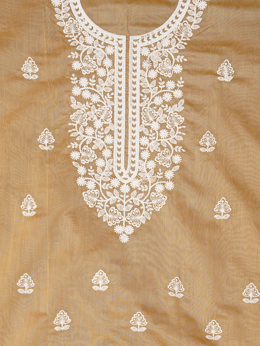 Beige Unstitched Embroidered Cotton Blend Dress Material With Dupatta