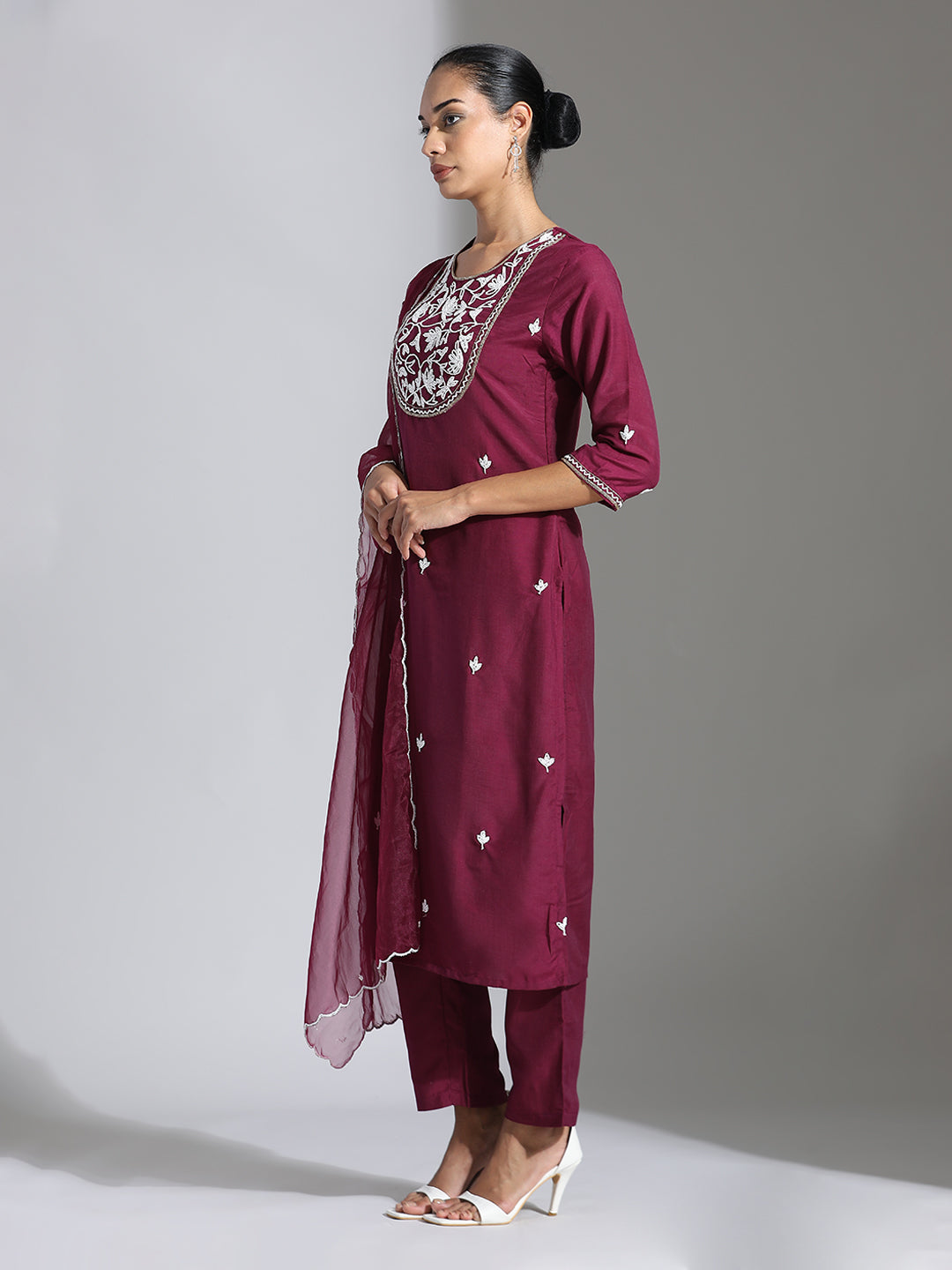 Purple Festive Silk Beadwork Embroidered Suit Set