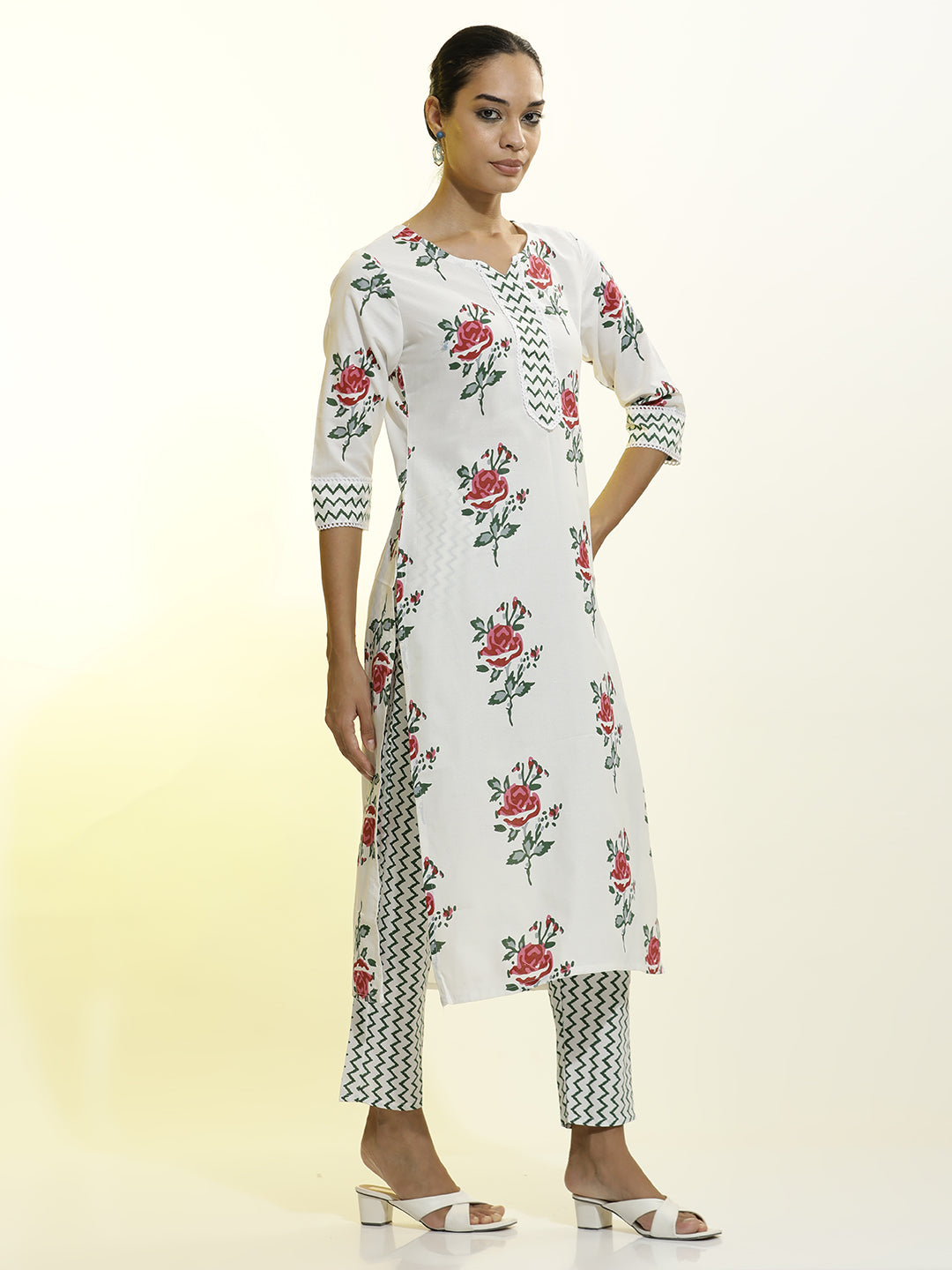 Floral Printed Cotton Straight White Kurta Set