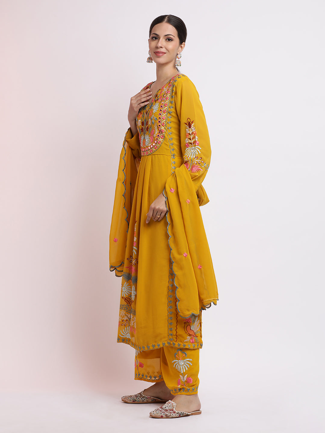 Yellow Thread Embroidered Georgette Kurta Set With Dupatta