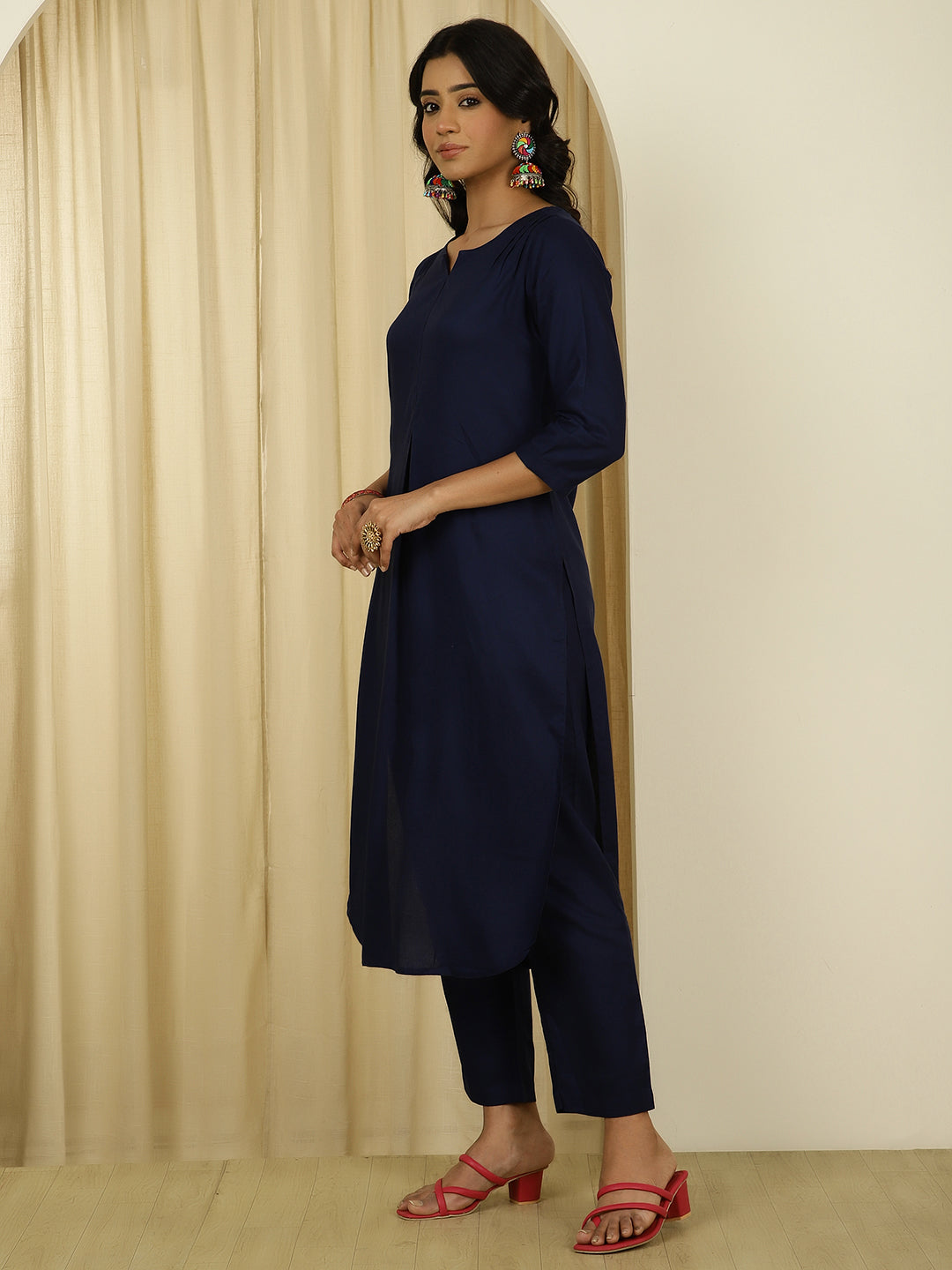 Navy Blue Pleated Straight Kurta With Pants