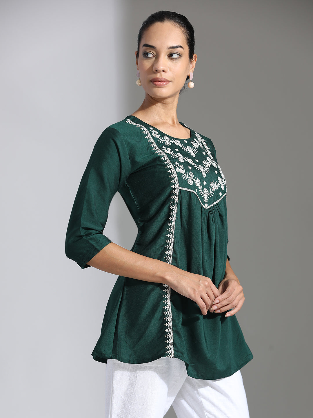 Dark Green Embroidered Party Wear Gathered Top