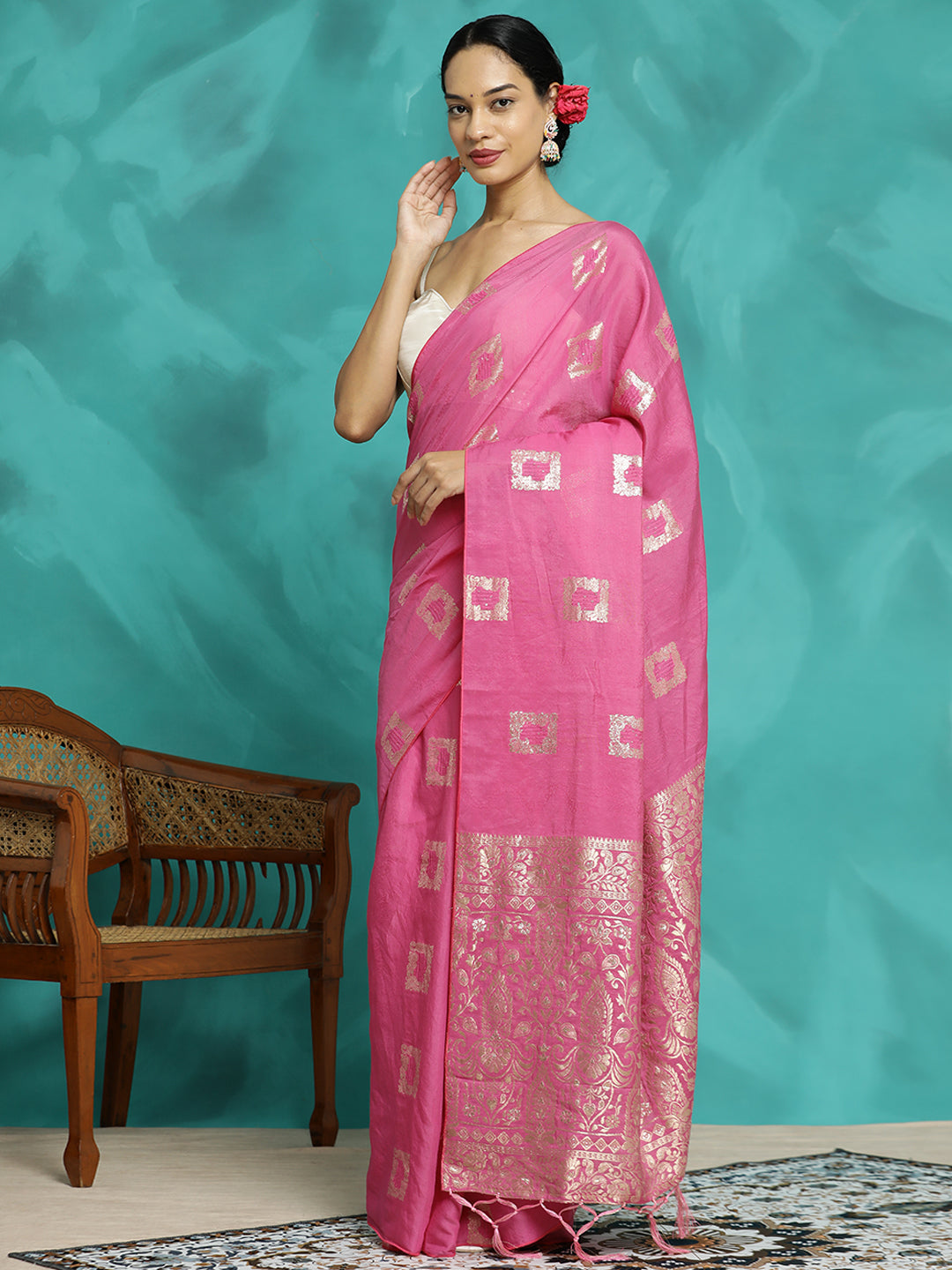 Pink Zari Woven Cotton Blend Banarasi Saree