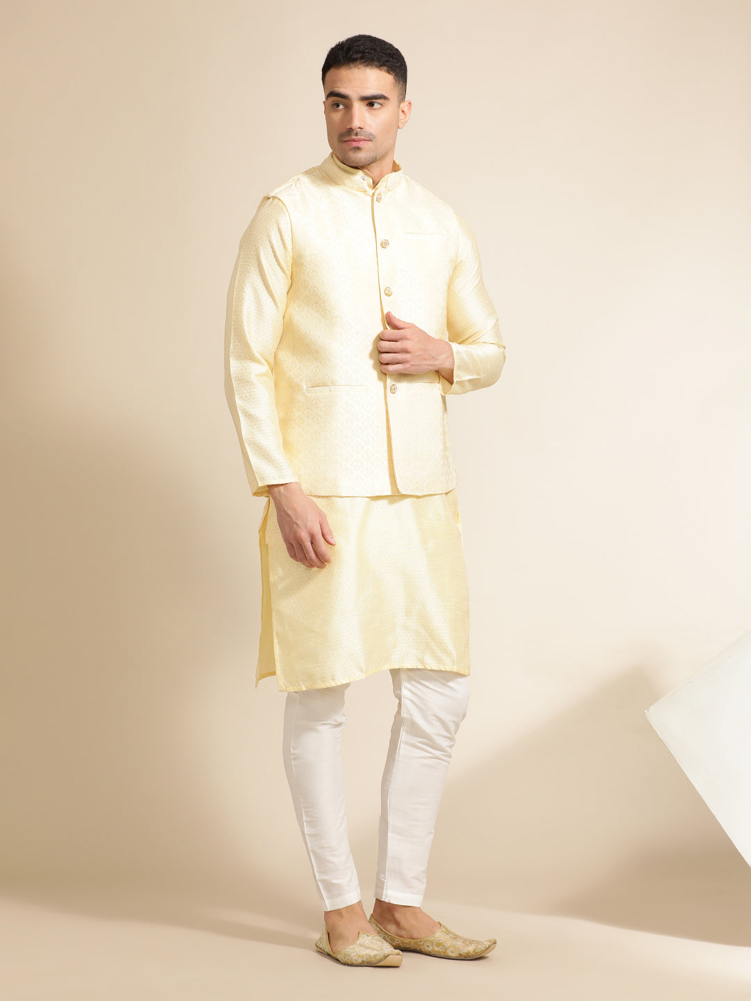 Beige Silk Blend Kurta With Woven Design Nehru Jacket Set