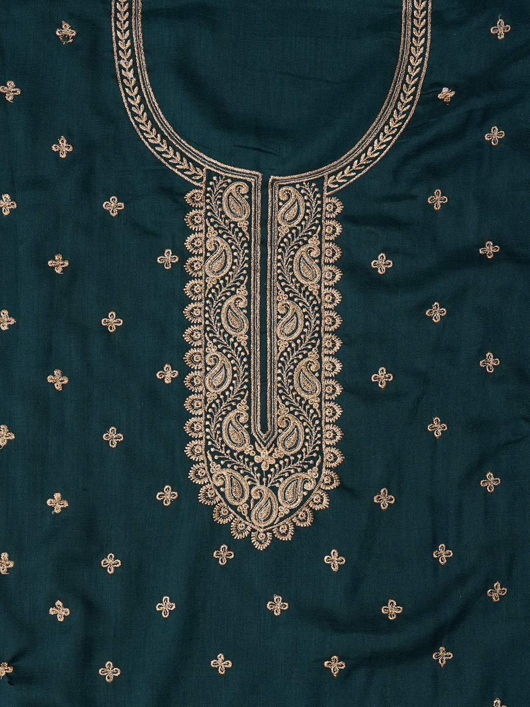 Teal Unstitched Embroidered Cotton Blend Dress Material With Dupatta