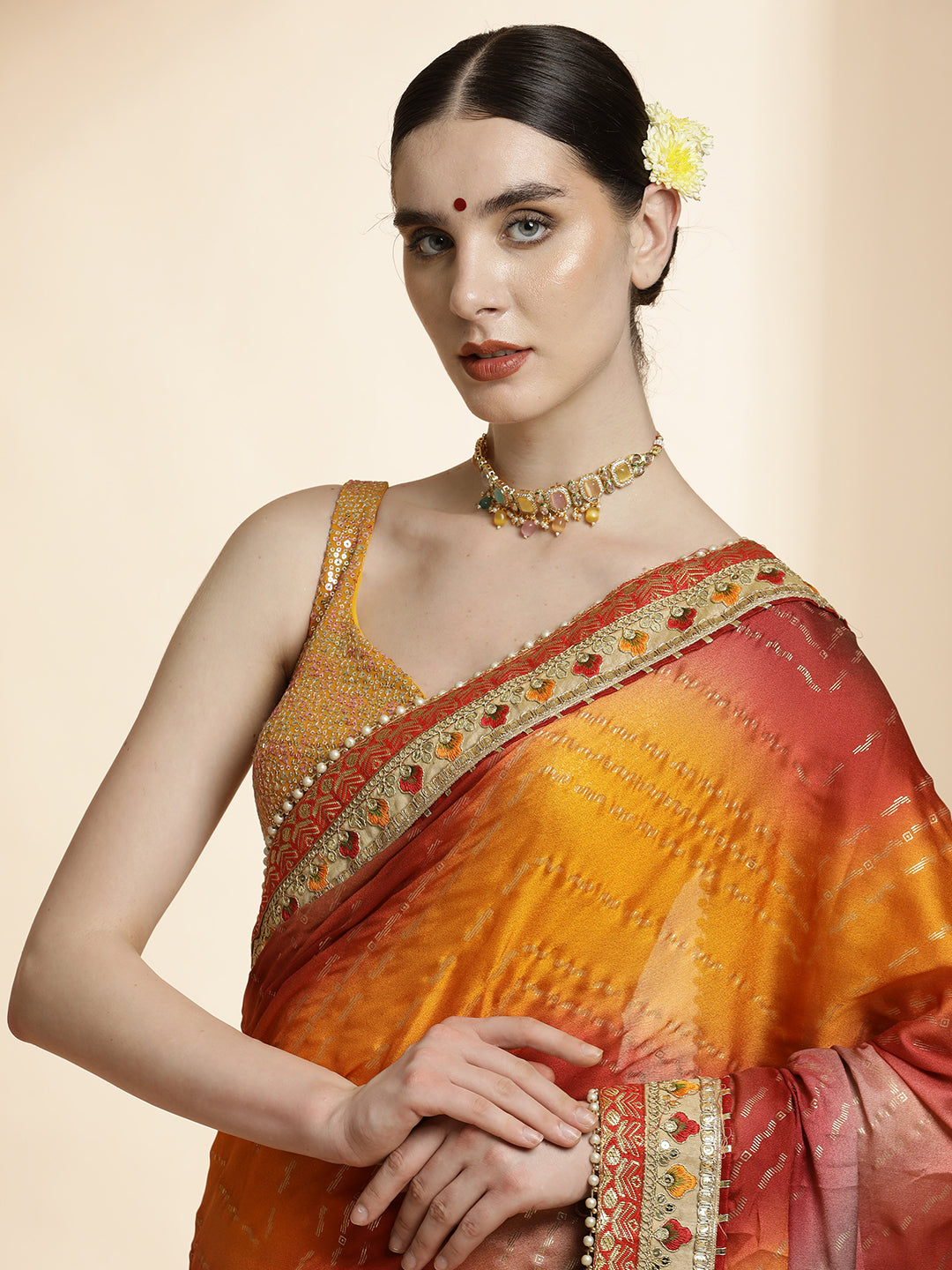 Traditional Bandhani Embroidered Yellow Pure Georgette Saree