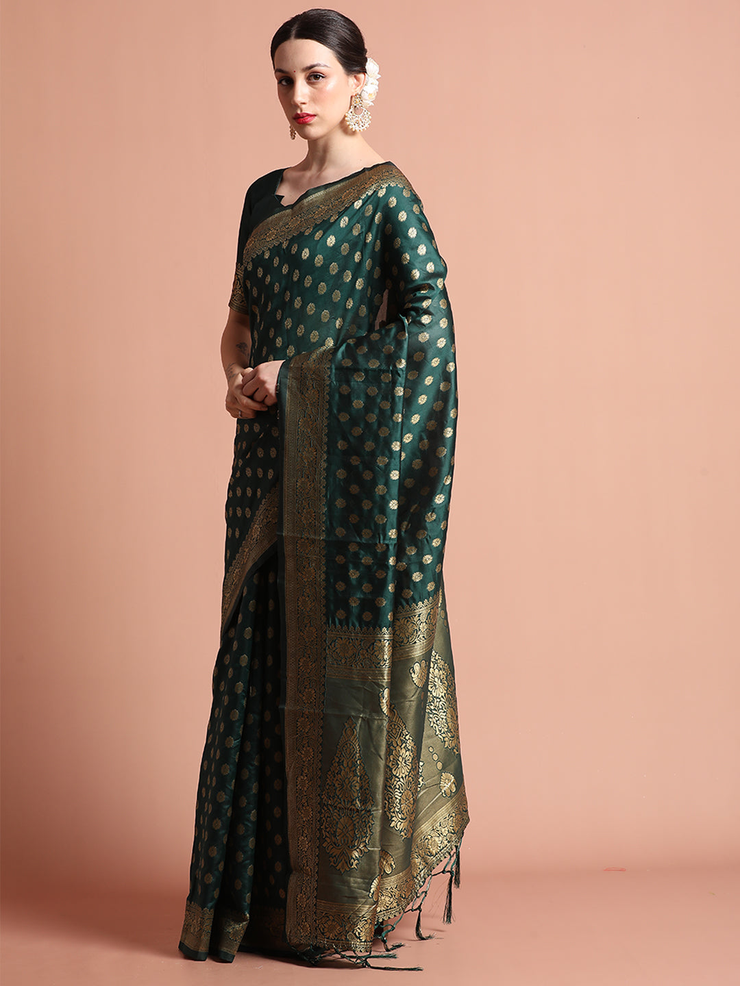 Green Heavy Banarasi Zari Woven Silk Blend Saree