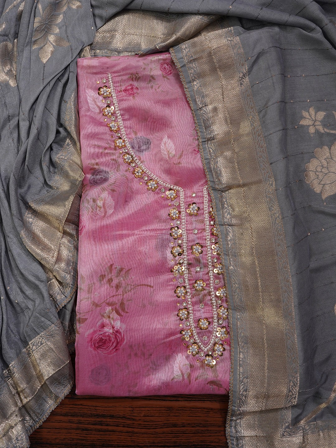 Pink Zari Embellished Organza Dress Material with Dupatta