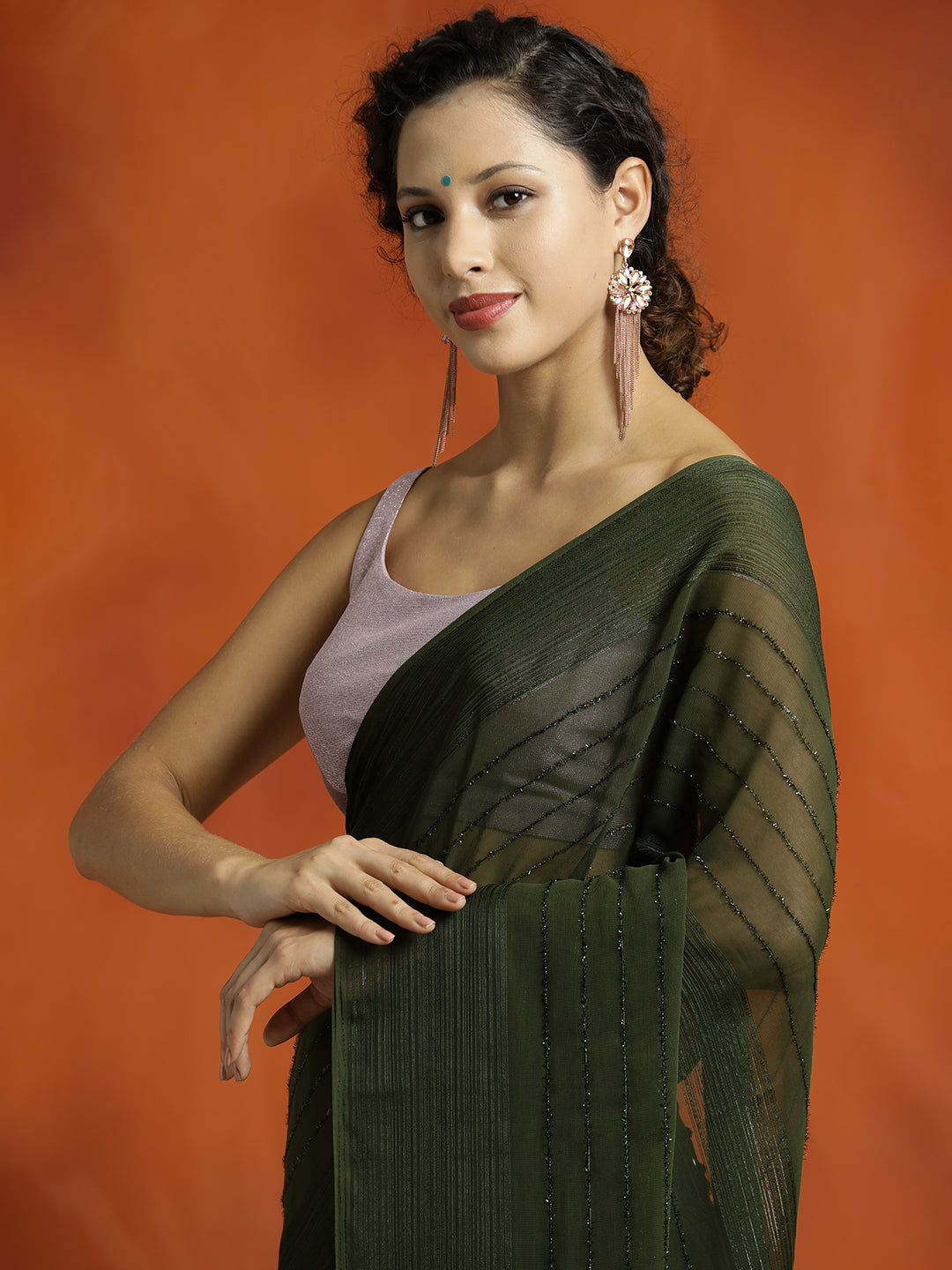 Mehandi Green Sequin Embellished Party Wear Saree