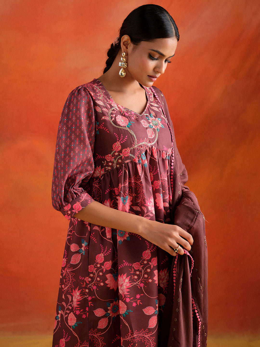 Brown Floral Printed Embroidered Kurta Set With Dupatta